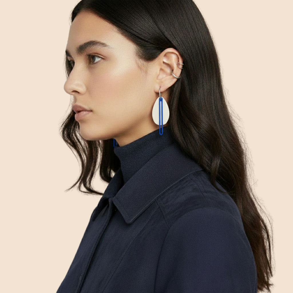 Oval Medium Earrings - Cream/Blue